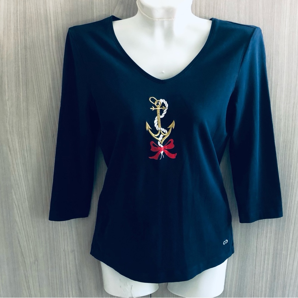 Escada Navy V-Neck 3/4 Sleeve Top with Gold Anchor & Red Bow